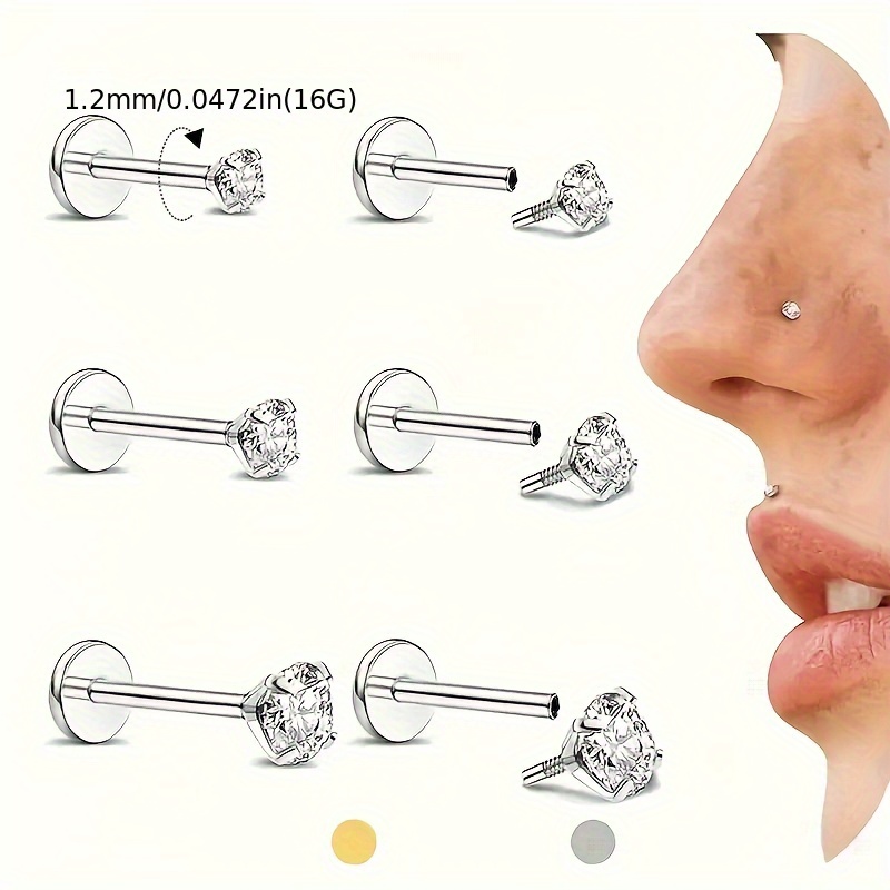 6pcs 16G Flat Back Earrings Studs Cartilage Jewelry 316L Stainless Steel